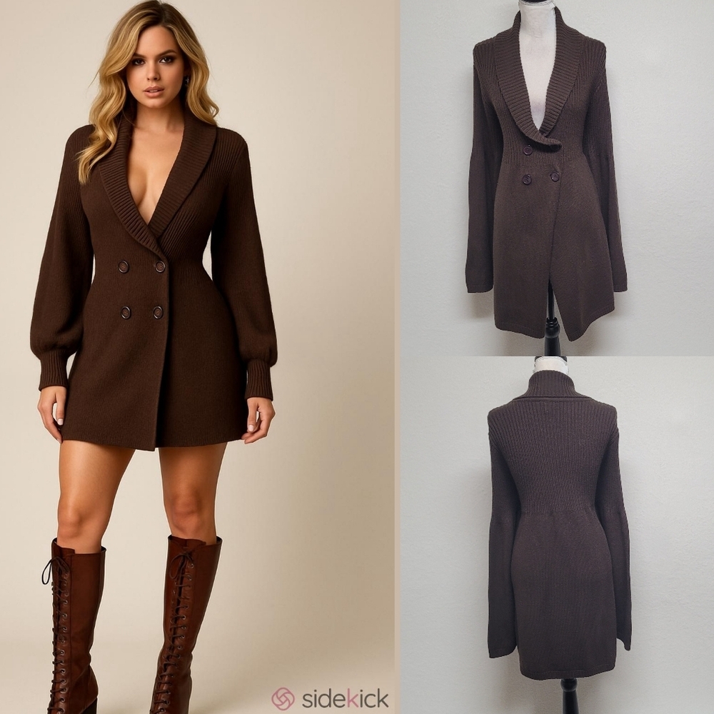 Vintage 90s Brown Knit Shawl Collar Flared Sleeve Double Breasted Coatigan Cardi